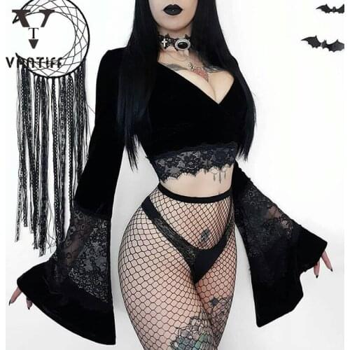 Palace Dress Long Sleeve Base Coat Fall Sexy Perspective Open Navel Lace Edge Splicing Flared Sleeve Slim Top for Women Skirt