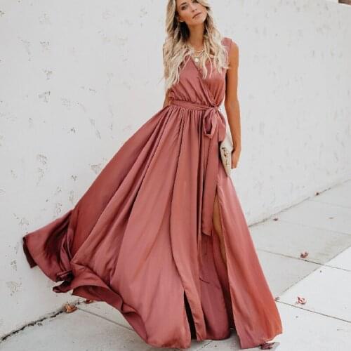 Happie Queens women pink sleeveless beach Bohemian maxi dress Ladies cross v-neck floor-length Boho sundress vestidos