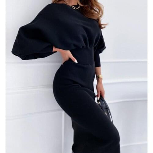 Winter Autumn Fashion Elegant Knitted Womens Dresses O Neck Long Sleeve Waist Tight Bodycon Knee-length Dress 2021