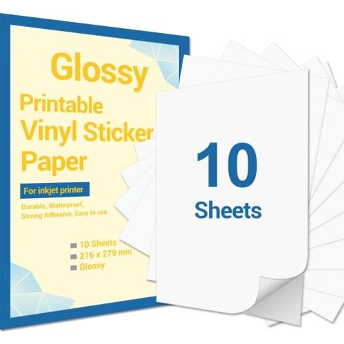 10 Sheets Printable Vinyl Sticker Paper 216x279mm Glossy Self-Adhesive Printer Paper for Inkjet Printer DIY Decals Gift Crafts