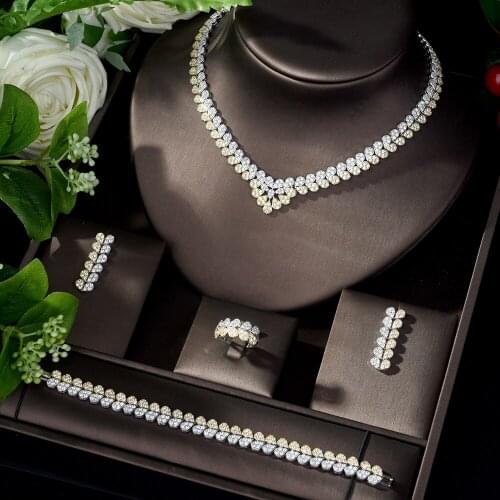 HIBRIDE New Design 2 Tones With Full Leaves Shape Cubic Zirconi Necklace Earring Set Shiny Classic Jewelry Set for Women N-1091