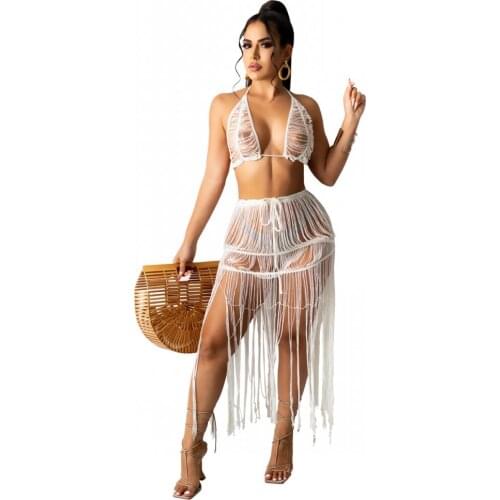 Two Pieces Set Crop Top Long Slit Skirt Summer Sexy Women Knitted Set 2 Pieces Crocheted Set Hollow Out Beach Crochet Suit