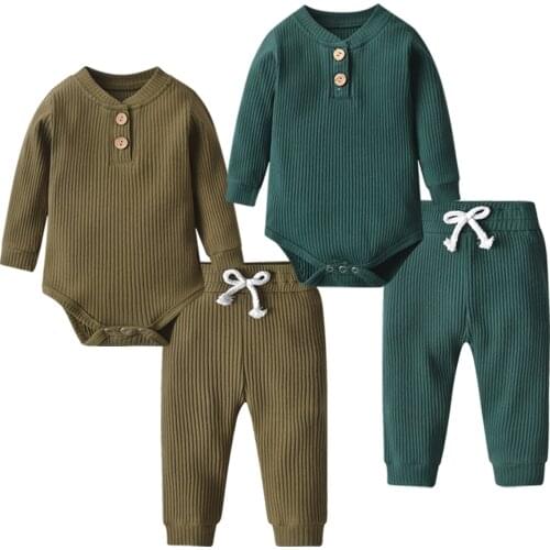 Baby Boy Girl Clothes Set Newborn Baby Clothing Set Knitted Ribbed Baby Romper Jumpsuit Pants Long Sleeve Infant Baby Romper Set