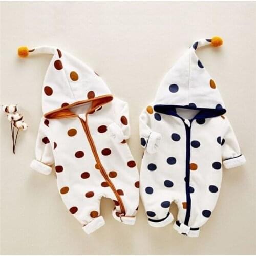 Newborn Infant Baby Girls Boys Autumn Winter Romper Long Sleeve Hooded Zipper Dots Jumpsuit Outfit 0-24M