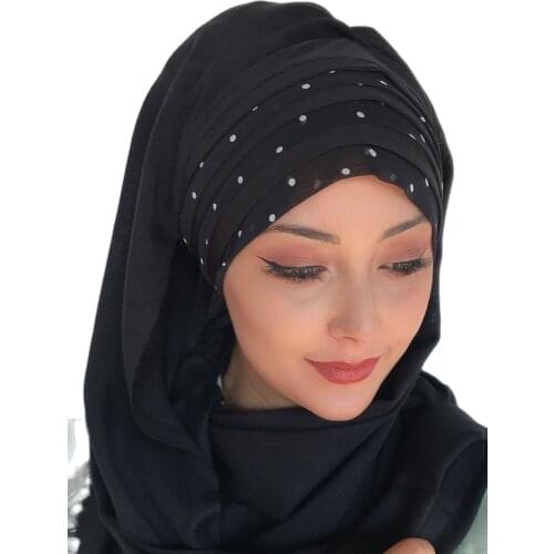 Yeni Moda Hijab Kadın 2021 Müslüman Başörtüsü İslami Türban Eşarp Bone Şapka Fular Beyaz Puantiyeli Siyah Renk Drapeli Hazır Şal