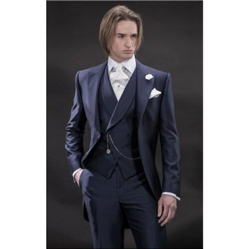 2018 New Arrival Custom Navy Blue Suit Men Tailcoat Slim Fit 3 Piece Prom Tuxedo Tailored Groom Wedding Suits Blazer Masculino