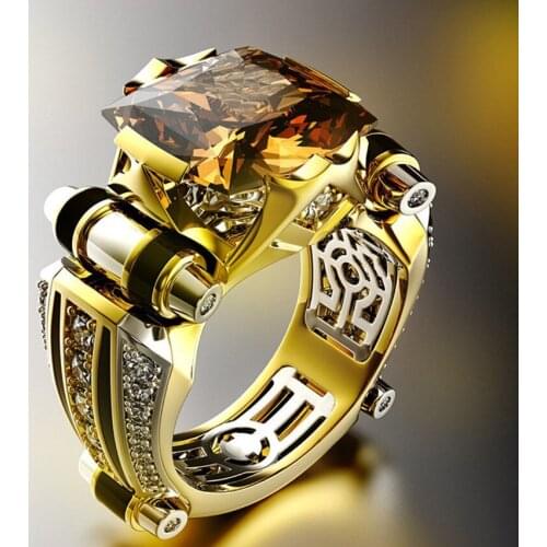 Popular Light Yellow Gold Color Geometric Finger Ring for Cool Men with Cubic Zirconia Jewelry