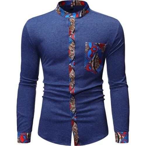 African Shirt New Mens African Ethnic Style Spliced Collar Long Sleeve Shirt Stand Collar Cardigan