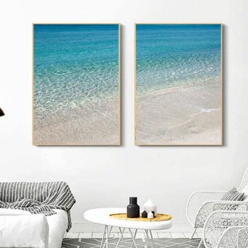 Modern Nordic Style Blue Seaside Canvas Painting Beach Sea Poster Bedroom Living Room Wall Decoration Frameless Style