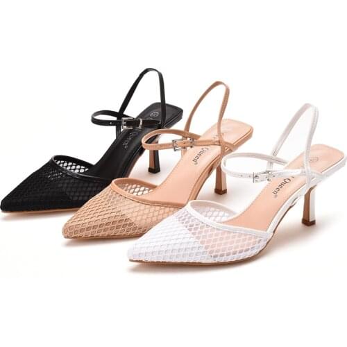 Crystal Queen White Women Dress Shoes Pointed Toe Mesh Slingback Party Sandals Elegant Pumps Black Beige Fine Highl Heel