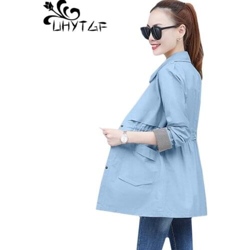 UHYTGF trench coat for women Single-breasted spring autumn coat women Pure color casual short thin top Plus size windbreaker 398