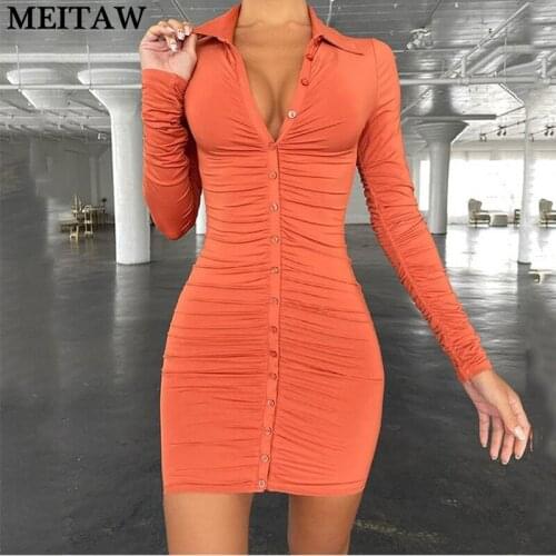 Vintage Y2K Ruched Dress 2021 Sexy Bodycon Party Mini Dresses Women Autumn Solid Long Sleeve Single-breasted Dress