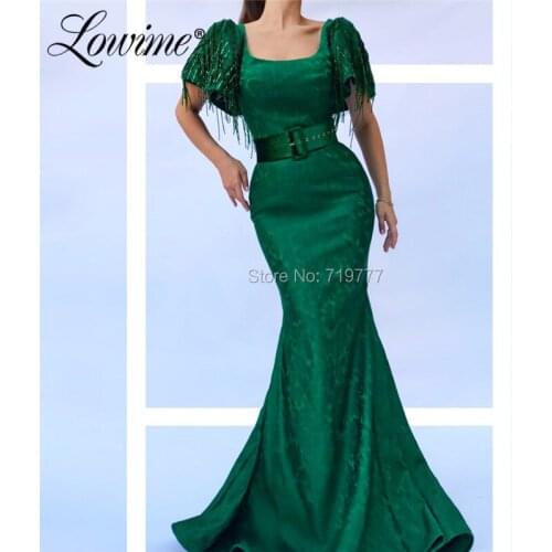 Green Beaded Tassel Evening Dress 2019 Mermaid Prom Dresses With Short Sleeves Formal Arabic Party Gowns Aibye Vestido De Festa