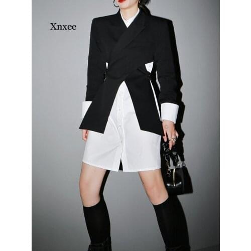 Women Backless Black Cross Split Joint Blazer New Lapel Long Sleeve Loose Fit Jacket Fashion Tide Spring Autumn 2021 Clothing