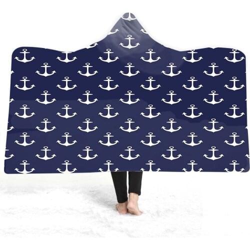 Free Shipping Holiday Nautical Mediterranean Anchor Rudder Ship Waves Striped Winter Fleece Hooded Blanket Sofa Camping Throw