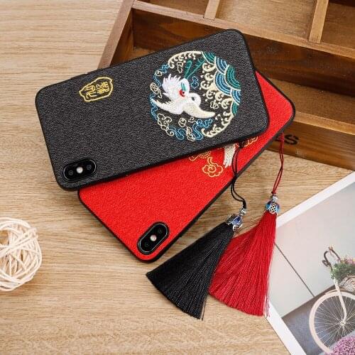 Case for iPhone 12 Pro Max Mini 11 XS MAX XR XS 6 6S Plus 7 Plus 8 Plus X SE 2020 Fabric Embroidery Crane Tassel Funda Cover