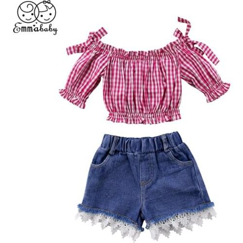 Pudcoco 1-6Y Children Baby Girl clothing sets bebe girls Off Shoulder red plaid t shirt Top +Denim lace Short Outfit Clothes Set