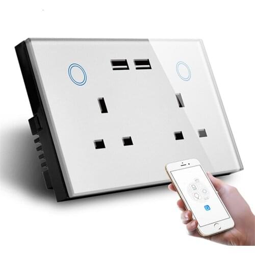 Hot-sales Product UK Standard Smart Touch Glass Panel Double USB Charger Wall Socket 15A Switch Compatible Alexa and Google Home