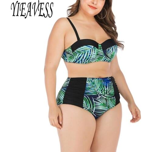 Halter Bikinis Set Print Striped Bikini Plus Size L-4XL Swimsuit Women 2020 High Waist Padded with wire Bathing Suit