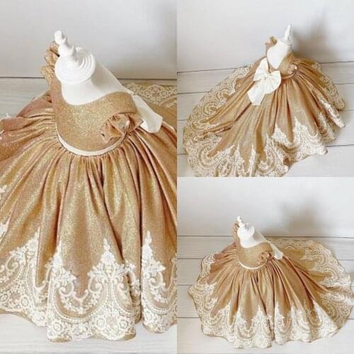 2021 Gold Lace Flower Girl Dresses Ball Gown Backless Sequined Little Kids Birthday Pageant Wedding Gowns
