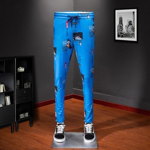 Beautiful Hot Selling Blue Pattern track streetwear comfortable cool pencil pants Mens casual long trousers 1015