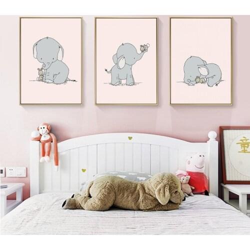 Cartoon Lovely Animal Wall Art Canvas Painting Nordic Posters and Prints Elephant Bunny Wall Pictures Kids Room Girl Room Decor