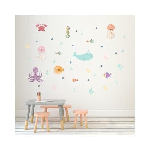 Cartoon Marine Animal Wall Stickers Creative Wall Decoration Painting PVC Self-adhesive Kids Room Decoration Bedroom Accessories