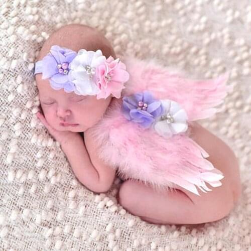 Baby Girls Newborn Angel Wings Headband+Tutu Skirt Costume Photo Prop Outfit Pearl Flower Leaves Headband & Angel Wings