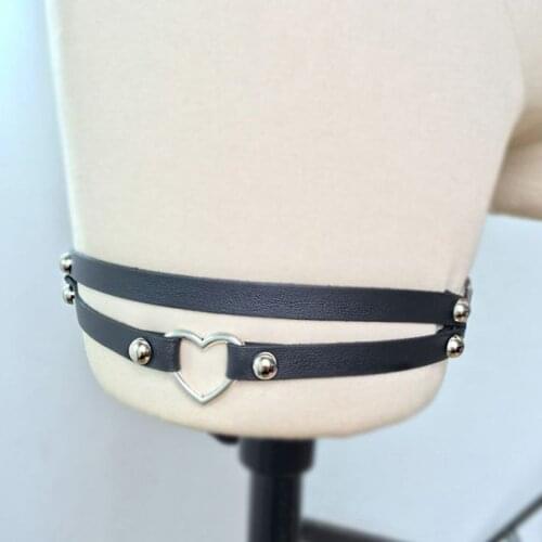 Womens Adjustable 2 Rows Faux Leather Sexy Leg Thigh Harness Garter Belt Punk Gothic With Hollow Heart Metal Ring Party Costume