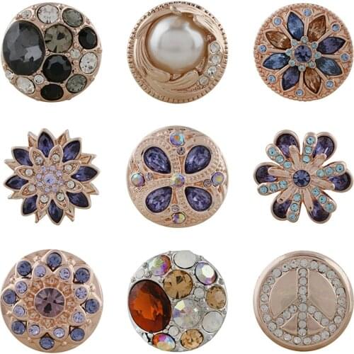 Rose Gold Rhinestone Flower 20mm Metal snap button jewelry DIY bracelet KD1027