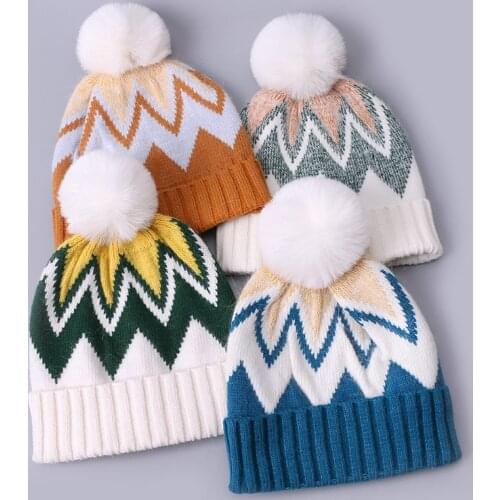 New Beanie Hat Korean Woolen Knit Hat Autumn and Winter Plus Velvet Warm Hair Ball Handmade Ear Cap Womens Hat