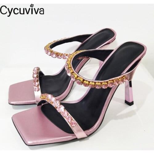 Sexy High Heel Crystal Women Slippers Summer Slides Square Toe Mules Modern Slippers Runway Dress Shoes Woman Gladiator Sandals