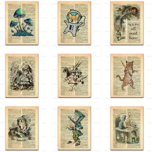 Nordic Abstract Alice And The Caterpillar,Dog,Cat,Rabbit,WallArt Canvas Painting Mushroom Dictionary Art Poster Print Home Decor