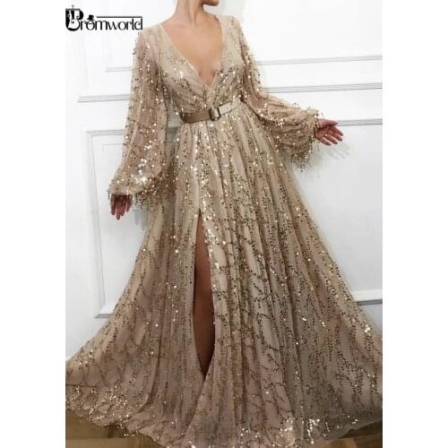 Sexy Slit Gold Evening Dresses 2021 Latest Fashion Sequins Lace Dubai Saudi Arabic Prom Gowns Long Sleeves Formal Party Dress