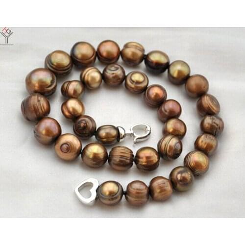 Women Jewelry 10x12mm pearl necklace brown baroque pearl heart clasp handmade real natural freshwater pearl gift