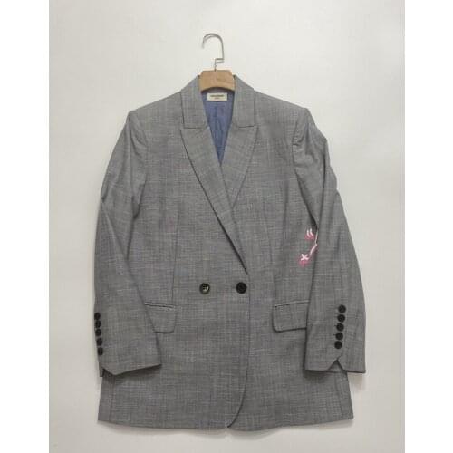 2021 Casual Grey Suit Jacket Plaid 100% Wool Coats Blazer Women