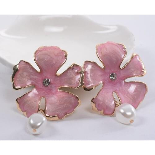 Pink Big Flower Za Earrings Women Indian Ethnic Statement Wedding Bridal Large Long Drop Earring Female Pearl Bead Dangle Earing