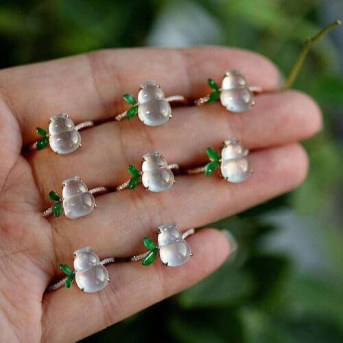 Original new glass chalcedony gourd diamond opening adjustable ring elegant charm creative retro female silver jewelry