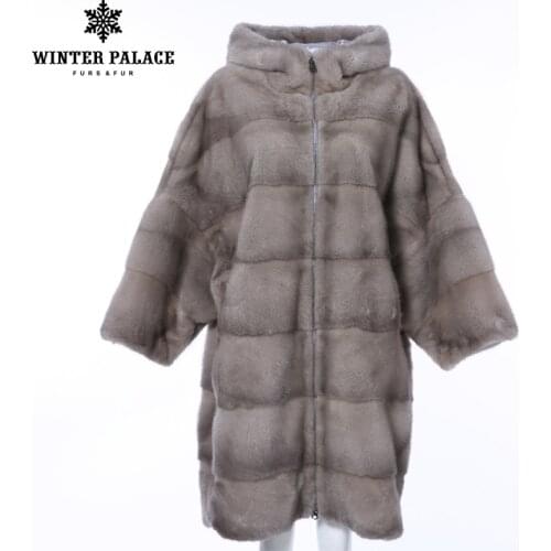 WINTER PALACE 2019 New winter mink fur coat Long bat womens coat Horizontal stripes fashion warm mink coat Nine quarter sleeve