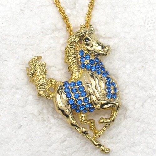 Golden Blue Rhinestone Horse Fashion Pendant Necklaces Chain Jewelry F188 B2