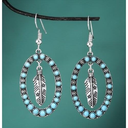 2021 Antique Blue Turquoise Feather Earrings Antique Silver Color Exaggerated Ear Accessories Manufacturers Wholesale