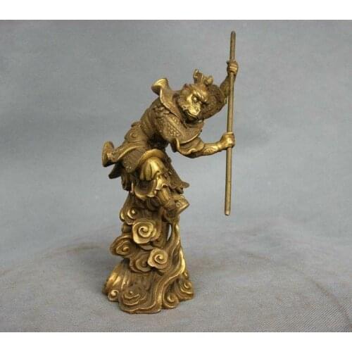 8'' China Myth Bronze Sun Wukong Monkey King Hold Stick Fight Statue