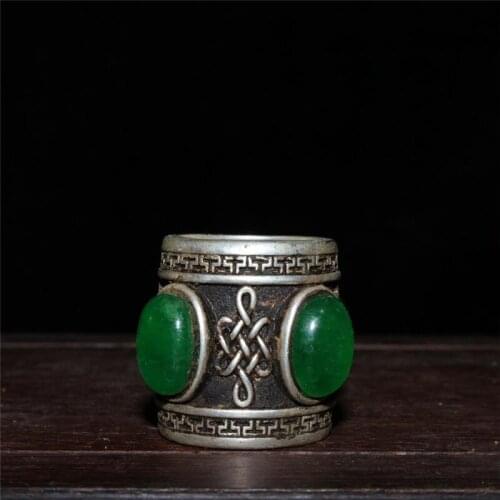 Antique Tibetan Silver Old silversmith hand inlaid jade auspicious pattern, wrench finger, mans white copper ring