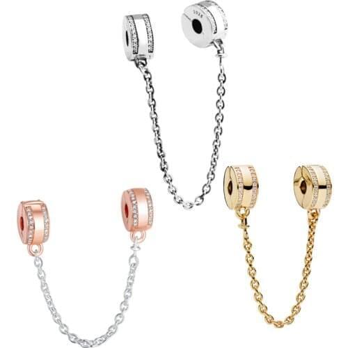 3 Colors Clear CZ Signature Clip Beads for Charms Bracelets DIY Safety Chain Charm Beads for Jewelry Making Silver 925 Jewelry