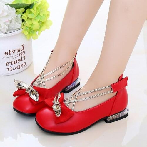 Children Leather Shoes Kids Bow high heel Girls Princess Shoes For Wedding Party and dance Big Girls Dress Shoes chaussure fille