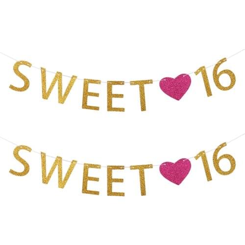 2pcs 2m 16th Happy Birthday Garland Girls Sweet 16 Letters Rose Heart Party Sixteen Gold Banner Hanging Decorations