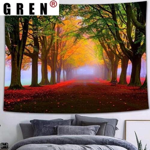 GREN Nature Forest Red leaves Tapestry Wall Sunshine Tree Carpet Wall Cloth Tapestry Hippie Mandala Landscape Tapest Home Decor