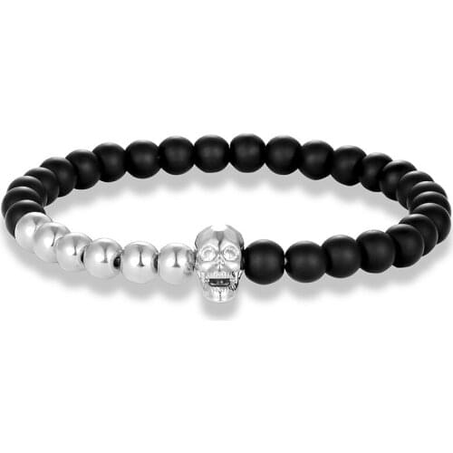 JAAFAR Steampunk Metal Smile Skull Bracelets Set Elastic Black Beads Chain Skeleton Men Bracelets Sets Male Hand Accessories