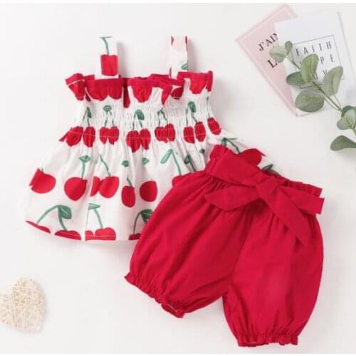 New Baby Girls Two-piece Clothes Set, Cherries Printed Pattern Boat Neck Camisole and Shorts, Yellow/ Red