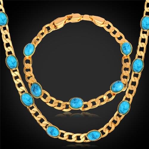 Kpop Jewelry Set Necklace Bracelets Women Gold Color Fashion New Vintage Green Blue Stone Jewelry Sets NE101